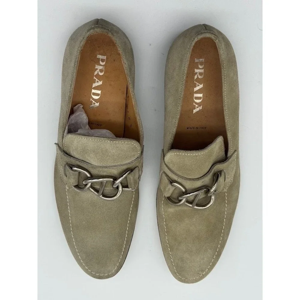 Prada Mens Olive Green Suede Chain Link Bit Loafers Made in Italy Size 6.5 5991